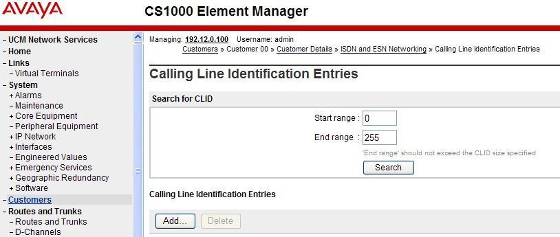 The Calling Line Identification Entries page will open.
