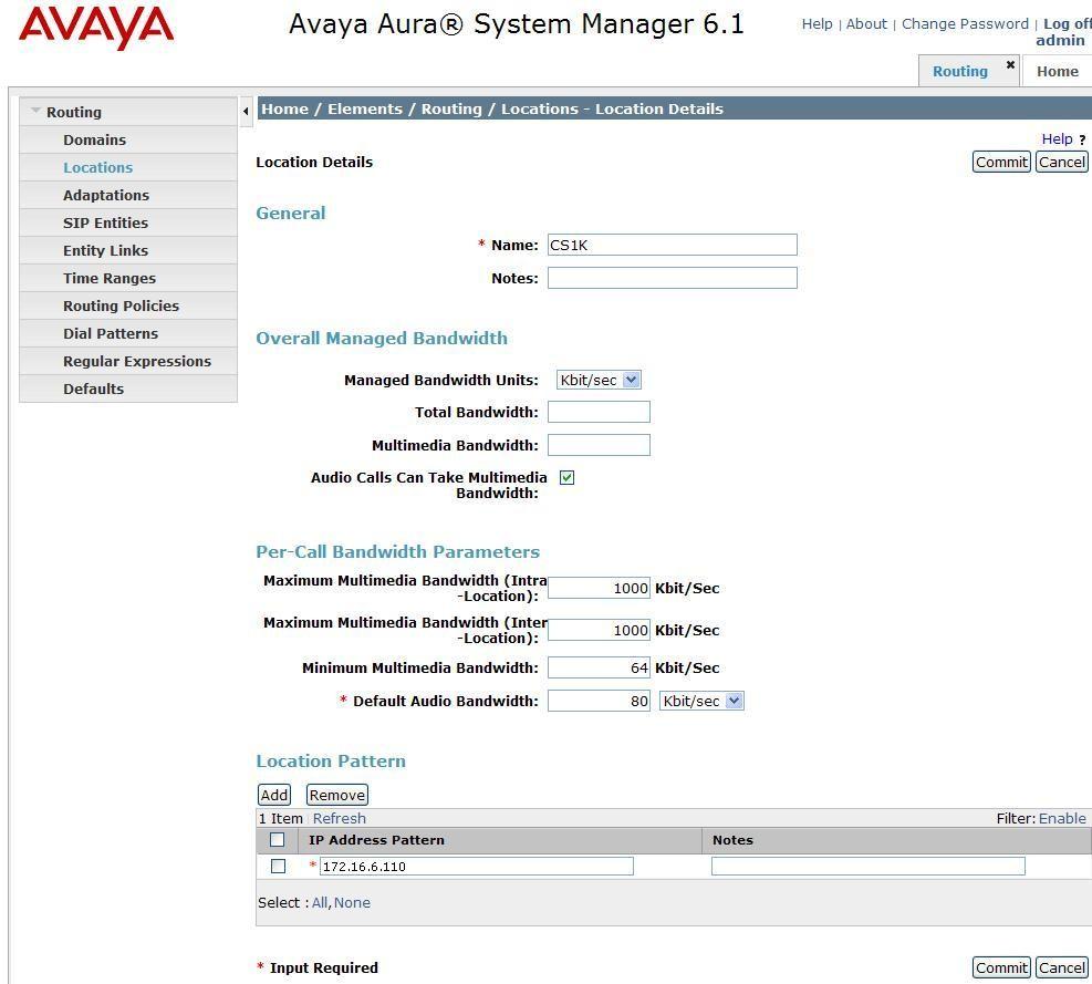 6.2.2 Location for the Avaya Aura Session Border Controller Step 1 - Select Locations from the left navigational menu. Click New (not shown).