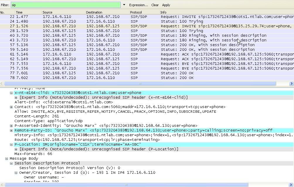 The following screen capture shows the same Wireshark trace, however the Invite sent by Session Manager is selected.