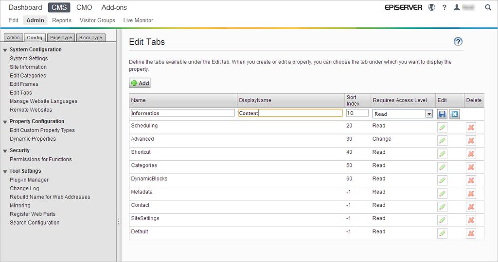 System Configuration 53 Edit Tabs You can divide your properties onto several tabs by selecting the Edit Tabs function.