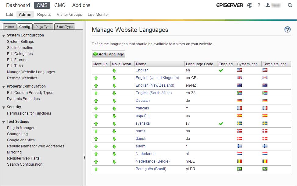 54 User Guide for Administrators EPiServer 7 CMS Manage Website Languages If you want your editors to be able to create content in a particular language, the language must be added and activated for