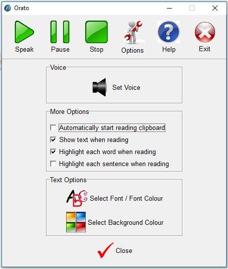 Click on Options to make sure the Ceitidh voice is selected. There are various other options that you might want to consider, e.g. to have text read as soon as it is selected.