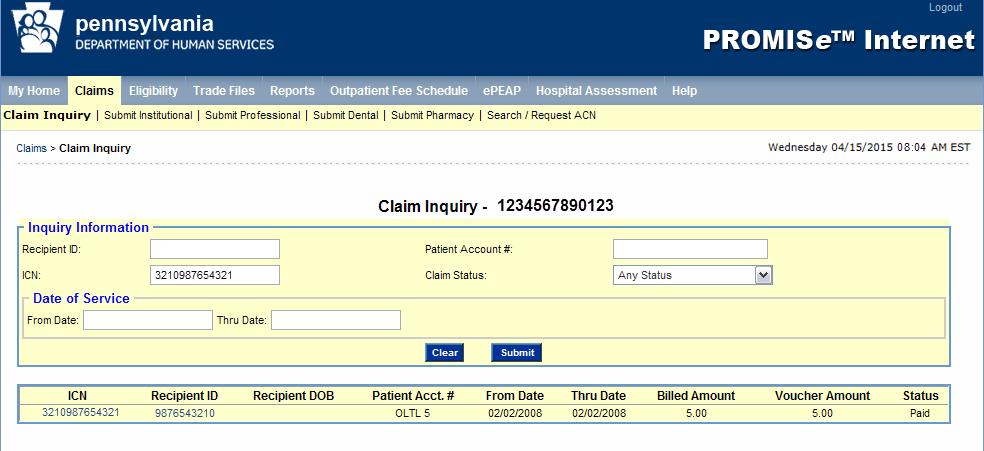 6.6.1 Layout 6.6.2 Field Descriptions Field Description Data Type Length Billed Amount Billed amount for the specified service Number 9 Claim Status Filters the search by claim status.