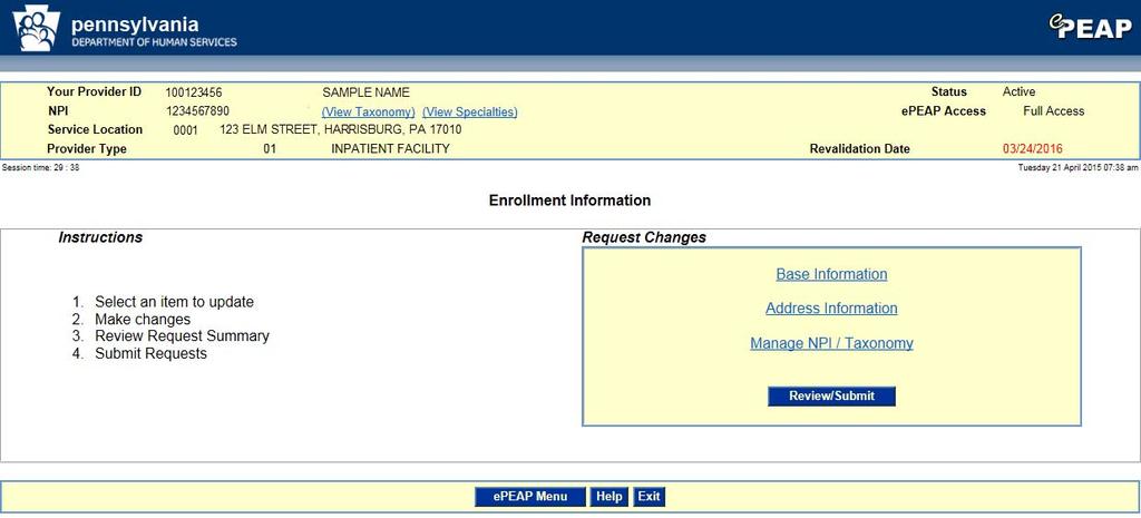 6.21 Using the epeap Enrollment Information Options The epeap Enrollment Information link will display enrollment options of the PEAP system.