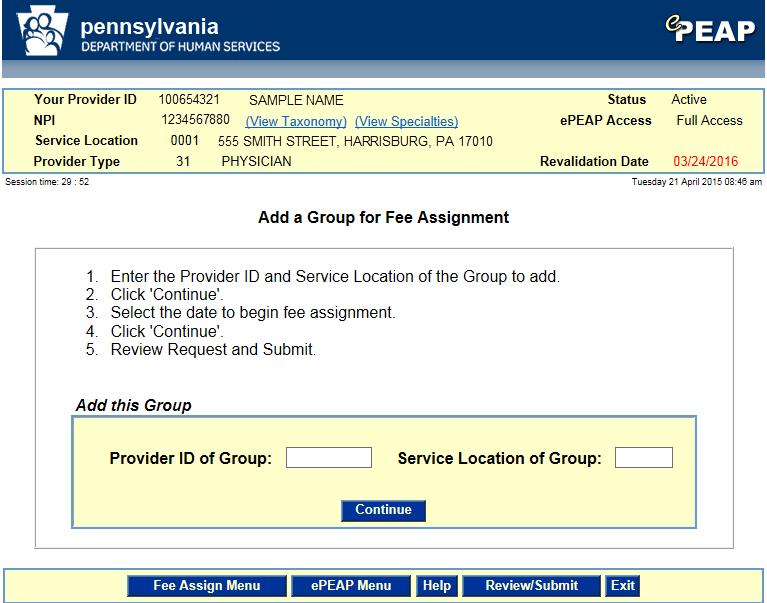 This window is accessed from the PA PROMISe Internet Provider Main Page through the epeap (Provider Enrollment Automation Project) link, which opens the epeap Menu.
