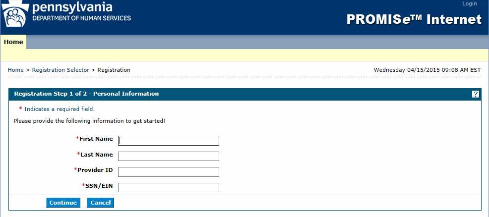 1. Select the Billing Agent option. The Registration Personal Information window appears 2. Enter the billing agent group or business name in the First and Last Name fields.