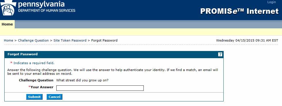 12. The user will be returned to the initial Welcome to PROMISe page, and will need to logon. 2.5 Forgotten Passwords In the event that you forget your password, follow the steps below.