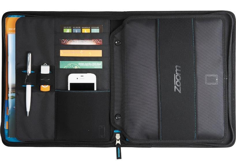 The journal's organizational features include four business card pockets, two pen, stylus or USB slots, a gusseted document pocket and an iphone or cell phone pocket.