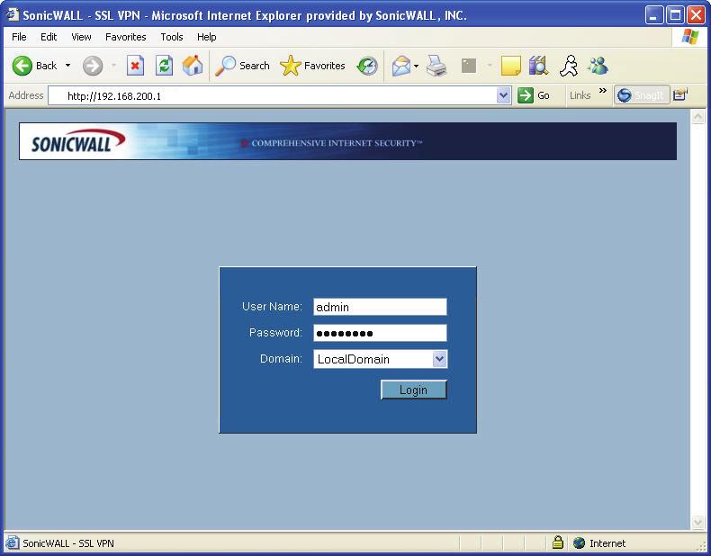 5. The SonicWALL SSL-VPN Management Interface displays and prompts you to enter your user name and password.