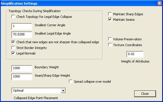 Figure 5. Common Simplification Settings Check Topology for Legal Edge Collapses During edge collapses, does not allow the creation of folded geometry.