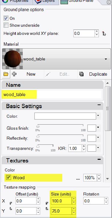 8 In the Material editor dialog in the Name area type Wood_table. 9 In the Textures area, check Color texture.