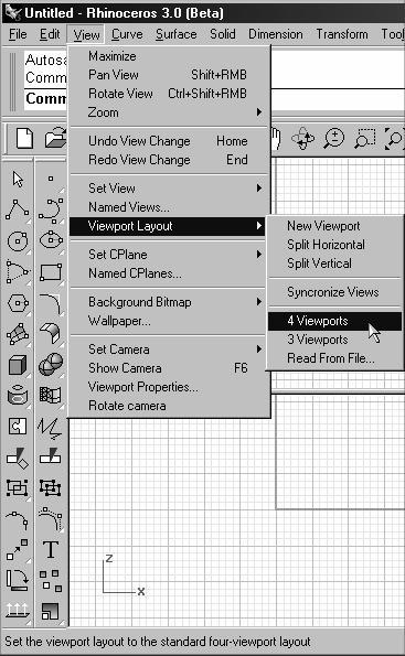 Menus Most of the Rhino commands can be found in the menus. Rhino View menu Toolbars Rhino toolbars contain buttons that provide shortcuts to commands.
