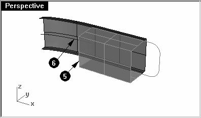 To extrude a curve along another curve: 1 Change to the Top Surface layer. 2 Select the curve on the left (3). 3 From the Surface menu, click Extrude Curve, and then click Along Curve.