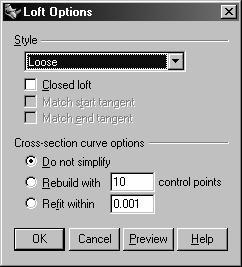 5 In the Loft Options dialog box, switch Style to Loose, then click Preview. A surface is created that uses the same control points as the curves. The surface follows the curves more loosely.