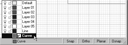 4 To make a different layer current, click the Layer pane of the status bar. 5 Click Curve. 6 Draw some curves. They are on the Curve layer and are colored blue.