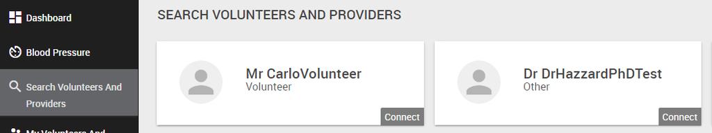 Participant: Connecting with a Health Volunteer or Provider 1. To connect with a health volunteer or provider, click the Search Volunteers And Providers menu option on the black menu bar. 2.