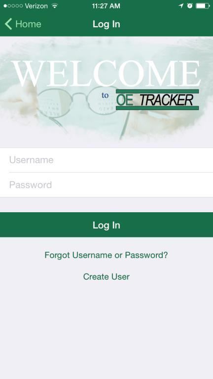 Logging into the OE TRACKER app as a Course Attendee: 1. Touch Course Attendee if you are an optometrist that is attending a course and you want to record your attendance using the OE TRACKER app. a. You will need your OE TRACKER username and password to log into the OE TRACKER app.