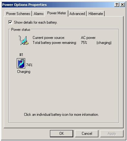 16 Chapter 3 Figure 3-6 Power Option Properties If you do not see the battery icon, enable it in Start Control Panel Power Options. Choose the Advanced tab and click Always show icon on the taskbar.