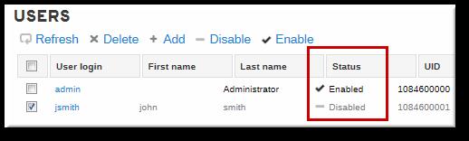 From the Command Line Users are enabled and disabled using user-enable and user-disable commands. All that is required is the user login. For example: [bjensen@server ~]$ ipa user-disable jsmith 9.6.