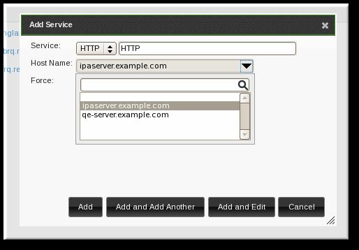 Identity Management Guide 3. Select the service type from the drop-down menu, and give it a name. 4. Select the hostname of the IdM host on which the service is running.