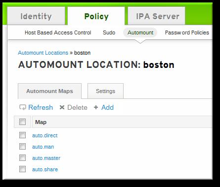 CHAPTER 18. POLICY: USING AUTOMOUNT 4. In the Automount Maps tab, click the + Add link to create a new map. 5.
