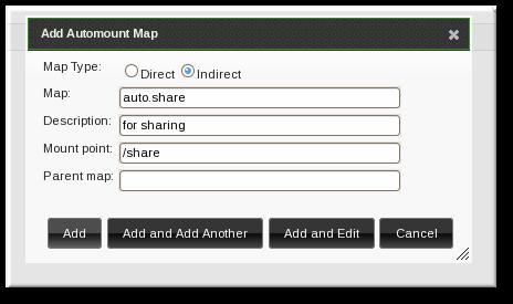 Identity Management Guide The name of the new map The mount point. The Mount field sets the base directory to use for all the indirect map keys. Optionally, a parent map. The default parent is auto.