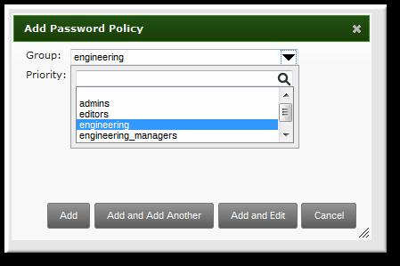 CHAPTER 19. POLICY: DEFINING PASSWORD POLICIES 4. In the pop-up box, select the group for which to create the password policy. 5. Set the priority of the policy.