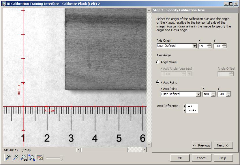 Chapter 5 Inspecting an Object that Spans Two Image Frames 18. In the Specify Calibration Axis step, click the 1 cm marking to define it as the origin of the calibration axis.
