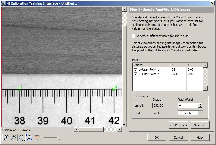 Chapter 5 Inspecting an Object that Spans Two Image Frames 14. Carefully click the 38 cm and 42 cm markings on the ruler at the bottom of the image, as shown in Figure 5-35-3.
