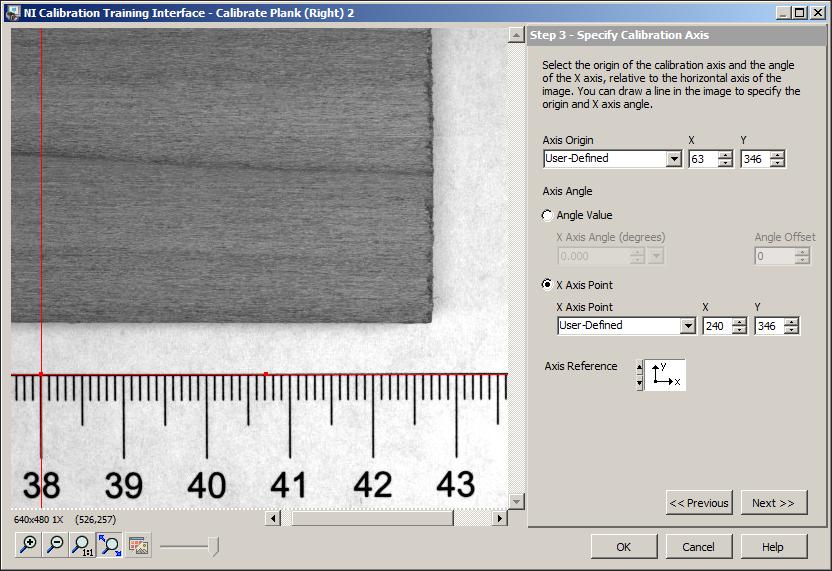 NI Vision Builder for Automated Inspection Tutorial 18. In the Specify Calibration Axis step, click the 38 cm marking to define it as the origin of the calibration axis.