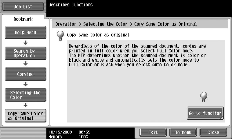 .8 Guidance function Example of the Guidance screen Example: [Function] ö [Copy] ö [Color] Introduction Chapter Example: [Search by Operation] ö [Copying] ö [Selecting the Color] ö [Copy Same Color