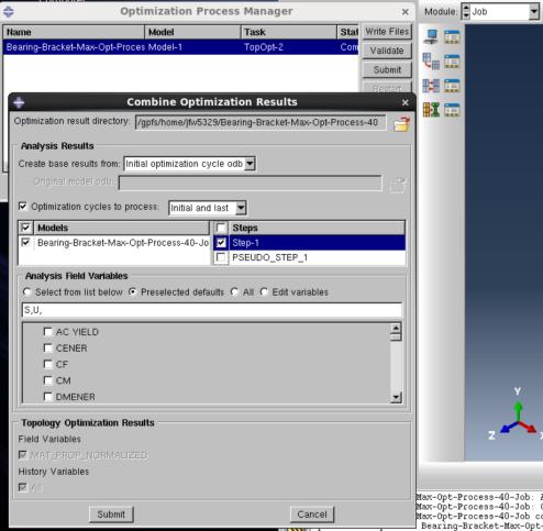 9.6 View the optimization result: after combing the topology optimization result, in the Optimization Process Manager -> click Result (NOTE: then Abaqus CAE will