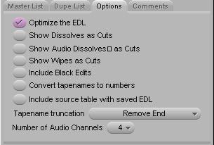 Changing Settings in the Options Window Adjusting the Options Tab Settings The Options tab provides settings that simplify the EDL, changes dissolves and wipes to cuts, and converts tapenames to