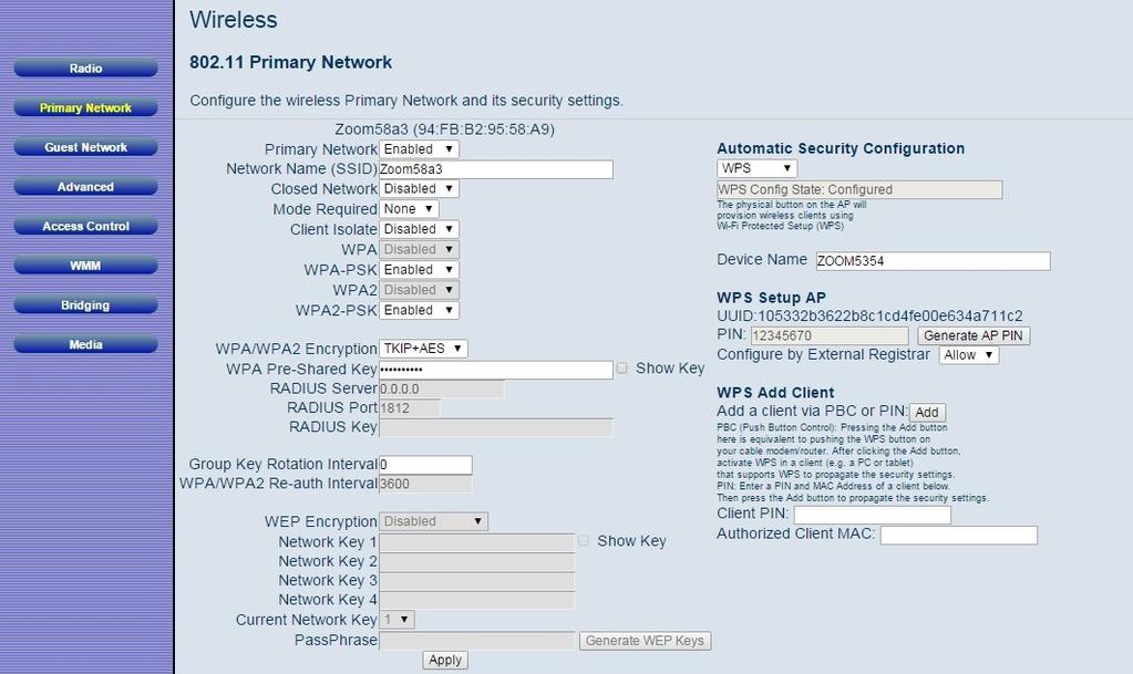 Figure 31. Example of Primary Network Page Table 26. Primary Network Menu Option Option Description Primary Network Select Enable to enable primary wireless network.