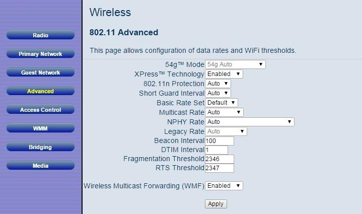 Advanced The Advanced page allows you to configure advanced wireless settings. Most users will have no need to change these settings.
