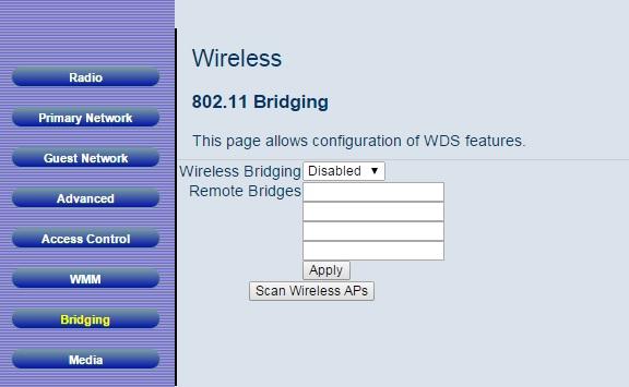 To access the Bridging page: 1 Click Wireless in the menu bar. 2 Then click the Bridging submenu. Figure 36 shows an example of the menu and Table 29 describes the items you can select. Figure 36. Example of Bridging Page Table 31.