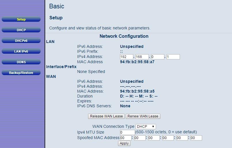 Figure 10. Example of Setup Page Table 5. Setup Menu Option Option Description LAN IPv6 Address LAN IPv6 address will appear here when connected to IPv6 service.