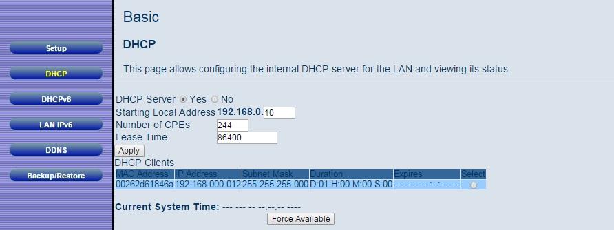 DHCP The DHCP page allows you to configure your Cable Modem/Router s DHCP server. To access the DHCP page: 1 Click Basic in the menu bar. 2 Then click the DHCP submenu.