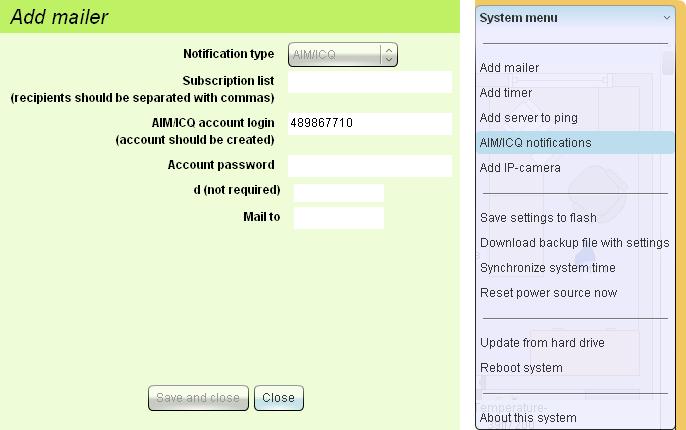 - 31 - Pic. 2.10 :AIM / ICQ settings After you click "Save and Close", the system tries to connect to the AIM/ICQ server.