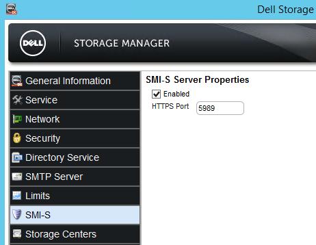 2. In the left navigation pane, click SMI-S and enable SMI-S Server.