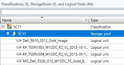 15. Expand the Storage Pool tree. Any existing volumes on the SC Series array (identified as logical units in SCVMM) are displayed below the storage pool. 16.