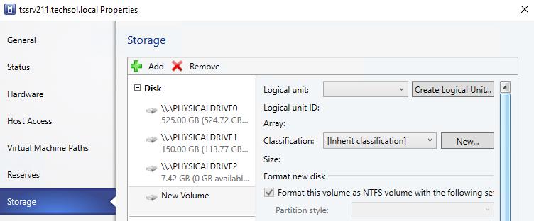 Right-click the host (TSSRV211 in this example) and select Properties. c. Click the Storage tab. d.