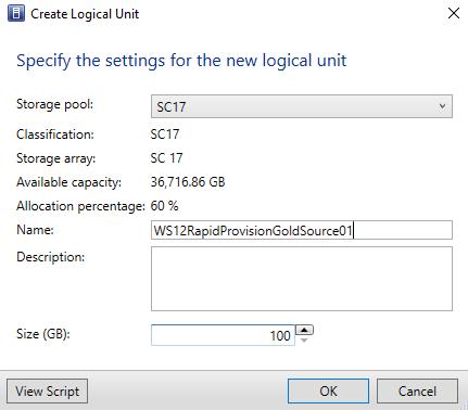 f. Select the desired storage pool from the drop-down list if not already selected (SC17 in this example), provide a descriptive name (special characters not supported), and specify a LUN size in GB.