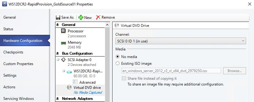 13. Remove the ISO image file that was used to stage the server OS, unless making the ISO part of the gold image is desired. If the ISO is not removed, it will become part of the gold image template.