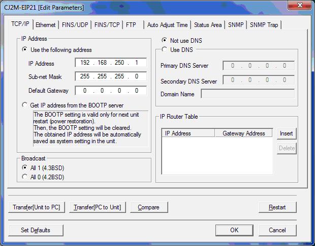 6 The Edit Parameters Dialog Box is displayed. Select the TCP/IP Tab.