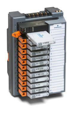 The CIOC carrier is mounted to the top of a vertical DIN rail and up to eight CHARM Baseplates are mounted below it, snapping easily to the DIN rail as they are connected to each other.
