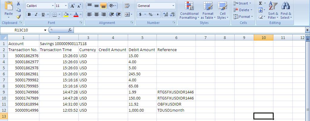 The query results page displays the transactions for the account selected. Note: the range of dates for the historical transaction enquiry cannot be more than 3 months.