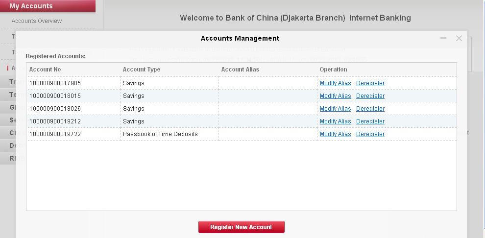 4.4 Account Management This function allows you to nickname any of your linked accounts, self register additional account(s) opened at BOC counter which have not been linked into internet banking, or