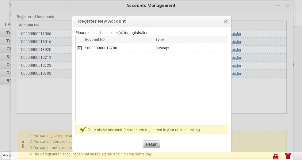 Operating Steps: Click on [Register New Account] button under the Account Management function page, a window listing new account(s) will be prompted.