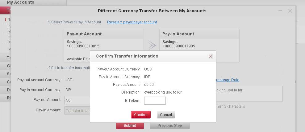 Complete all necessary fields of the relevant transfer information: Pay-out Amount or Pay-in Amount: Choose one of the options to enter the amount of funds.
